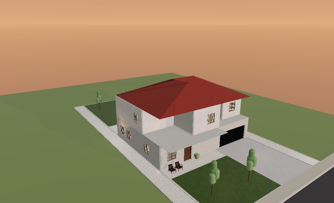 A two-storey family home in 3D in the evening