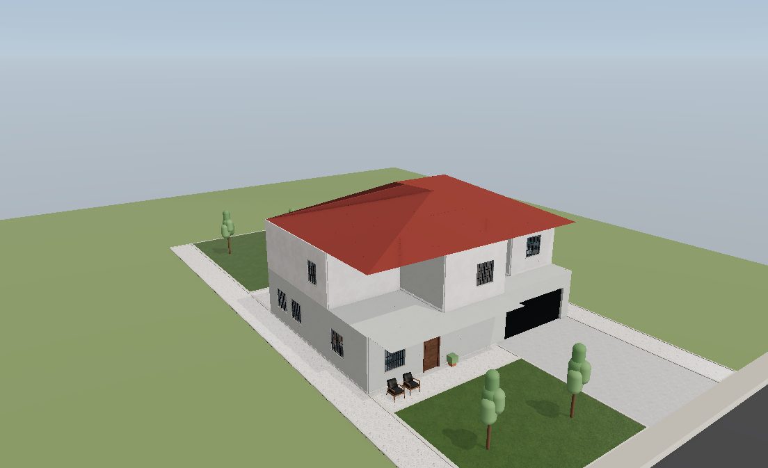 A two-storey family home in 3D at noon